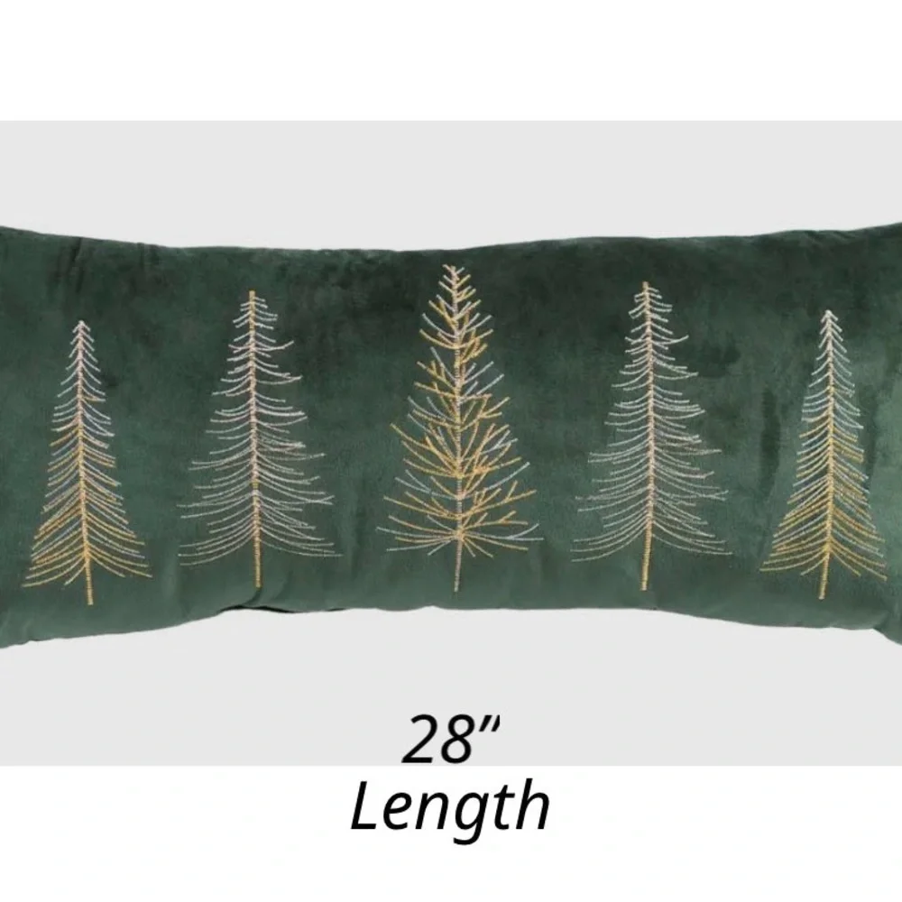 Green Holiday Rectangle Pillow with Gold Tree Embroidery